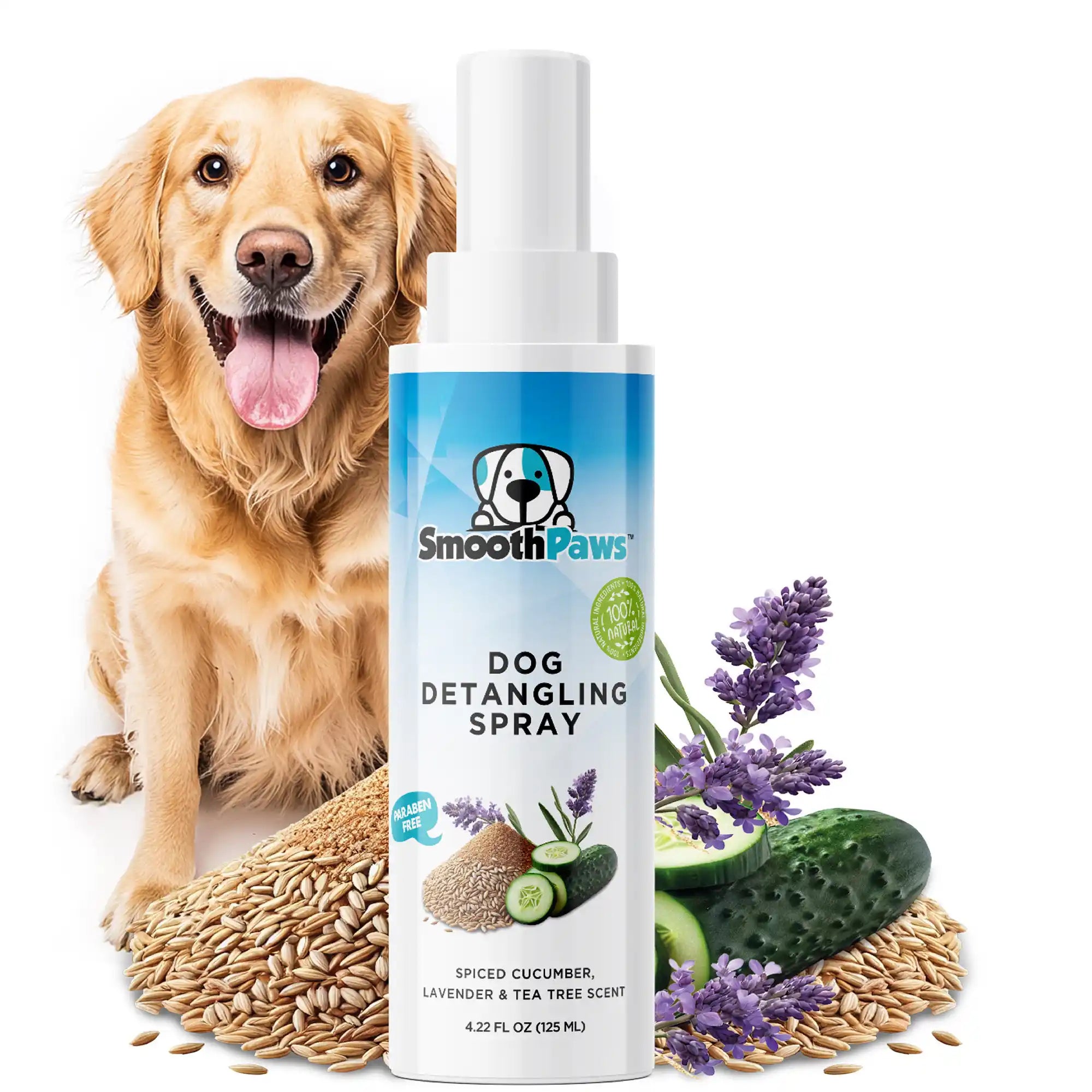 Natural Dog Grooming Spray – Detangling, Moisturizing & Deodarizing for Dogs & Puppies | Oatmeal & Aloe Vera Formula | Spiced Cucumber, Lavender & Tea Tree | 4.22 oz | Smooth Paws